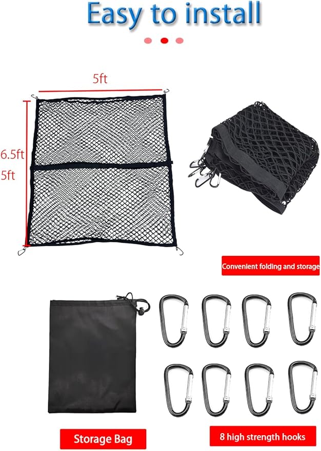 Double Layer Elastic Cargo Net 5'x5' Stretchable to 9'x9' Heavy Duty Truck Bed Organizer with 8 Metal Hooks Fit Pickup Trucks SUVs Vans Sedans