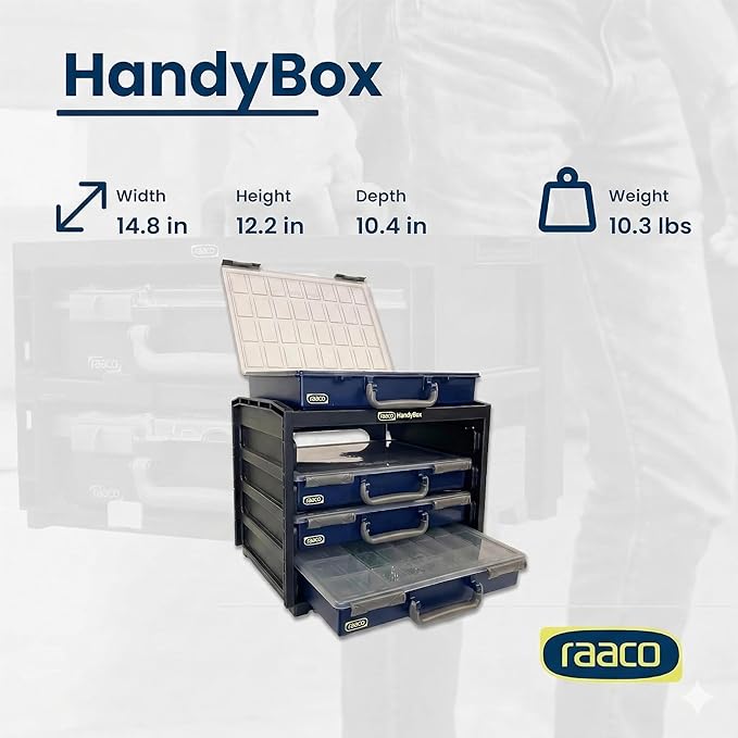Raaco HandyBox Toolbox Storage & Carrying System – 4 Adjustable Grid Assorters, Durable Polypropylene (PP) Plastic Organizer for Hardware and Small Parts
