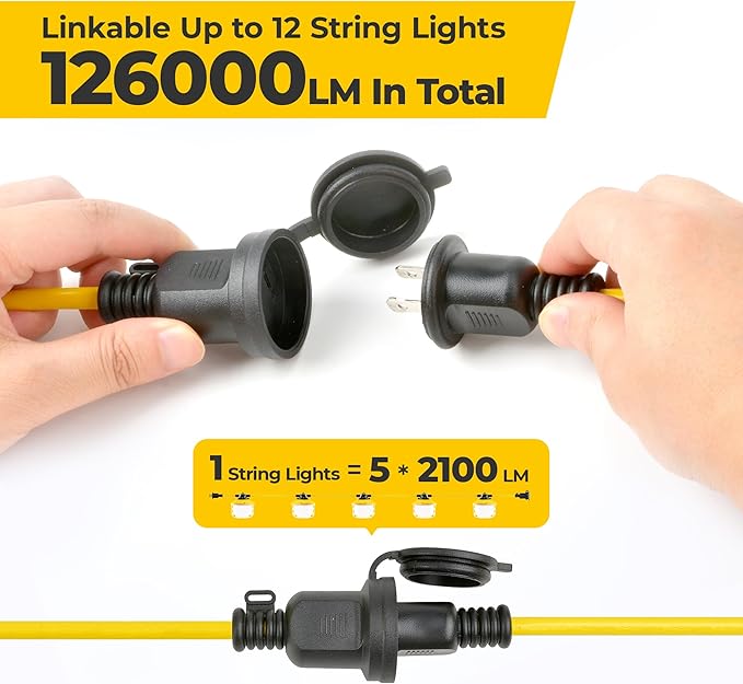 50FT Construction String Lights: 75W Ultra-bright 10500 lumens Linkable ETL Listed 18AWG Wire Industrial Outdoor Temporary Lighting IP65 Waterproof Hanging Led Work Light for Attic Jobsite Garage