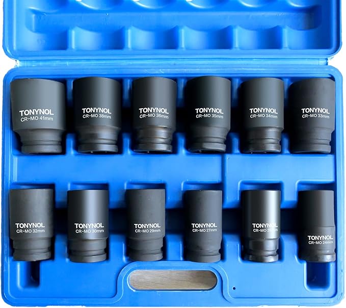 3/4 Inch Drive Deep Impact Socket Set,6-Point,Metric (24mm to 41mm),12 Pcs,Cr-Mo,Heavy Duty Impact Socket Set,With a Storage Case