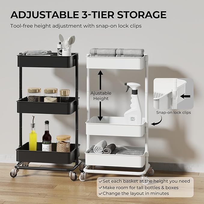 3 Tier Modern Metal Rolling Tool Cart with Silent Casters, 17.72×12.40×35.04 inch Heavy Duty Organization Truck Trolley Organizer for Office, Living Room, Kitchen, (White)