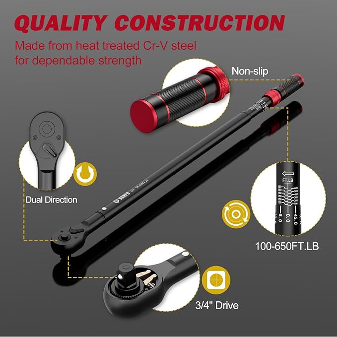VANPO 3/4-inch Drive Click Torque Wrench, 100-650Ft-Lb/135.5-880.8Nm, Industrial Adjustable Torque Wrench Set with a Hex Key for Oil Rigs, Trucks & Off-Road Equipment