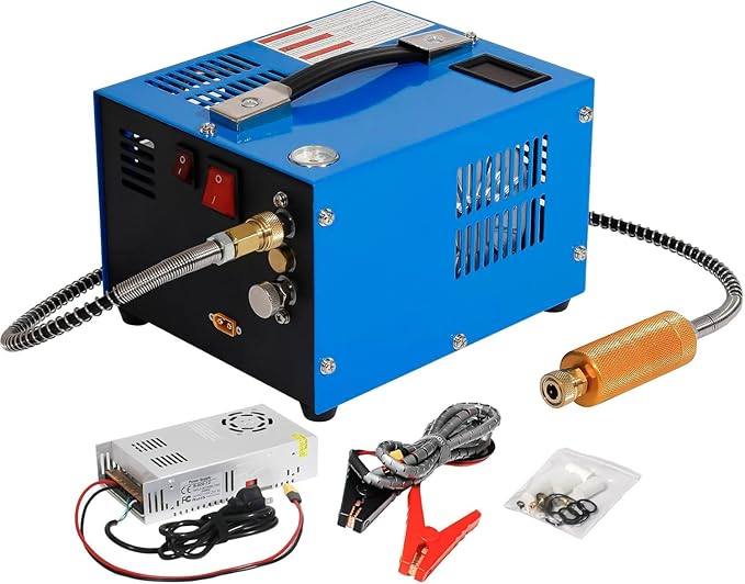 PCP Air Compressor 4500Psi/30Mpa Water/Oil Free PCP Air Pump Rifle,12V Automotive DC 110V AC PCP Airgun Compressor With Power Converter,Built-in Fan,Suitable for Paintball (Blue)