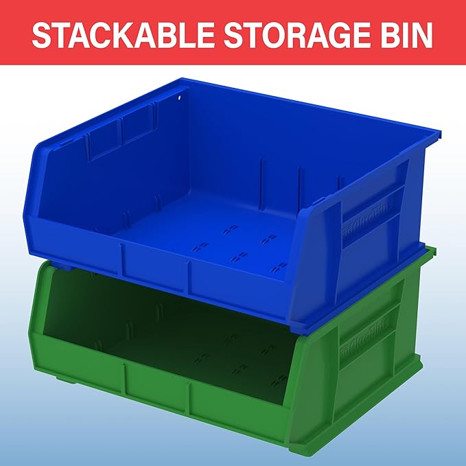 Akro-Mils 30250 AkroBins Plastic Storage Bins, Space-Saving Stackable Bins for Garage, Pantry, Craft Organization, 15" x 16" x 7", Blue, 6-Pack