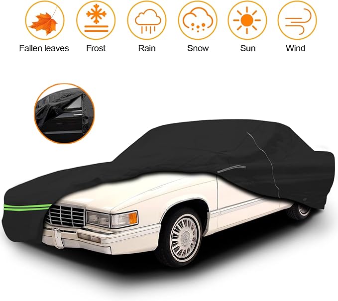 Waterproof Car Cover Replace for Cadillac DeVille 1989-2005 Sedan Coupe, 210T All Weather Car Covers with Zipper Door for Snow Rain Dust Hail Protection