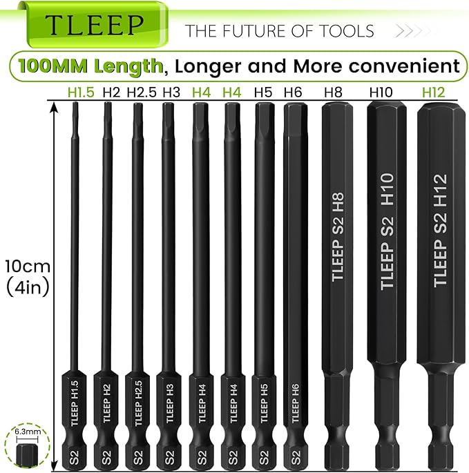 11Pcs 4" Allen Wrench Drill Bit Set 1.5mm-12mm, 1/4" Hex Shank Long Metric Hex Key Set with Case for IKEA Type Furniture, S2 Steel Black Drill Bits Tools for Narrow Spaces, 11 Pieces Full Sizes