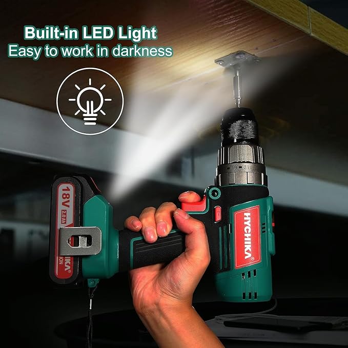 HYCHIKA 18V Cordless Hammer Drill Driver, Hole Saw Kit 3/4"-6"(19-152mm), Tool Combo Kit