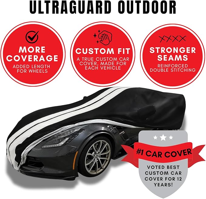 SR1 USA 2012-2026 Car Cover - Custom Fit Outdoor/Indoor Ultraguard Plus 300 Denier Water Resistant UV Protection for Porsche Carrera/Targa/4S/GTS/Turbo/Turbo S (Black with Red Stripes)