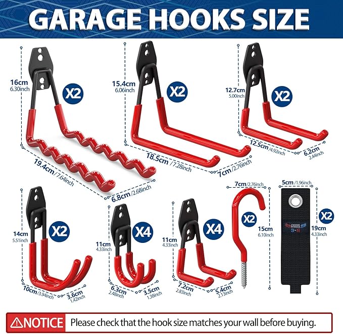 3-H Garage Wall Hooks 20 Pack,Garage Hooks Heavy Duty,Garage Storage Hooks for Hanging and Organizing Garden,Lawn,Yard Tools,Chairs,Ladders,Weed Eater,Shovel,Blower(Red)