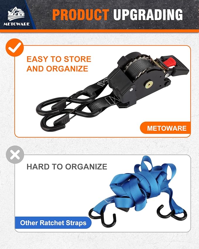 METOWARE Retractable Ratchet Straps (4-Pack) - 1" x 10' (1500lb Break Strength) - Heavy Duty Auto Self Retracting Tie Down Straps for Truck, Trailer, Cargo Van, Motorcycle - Black