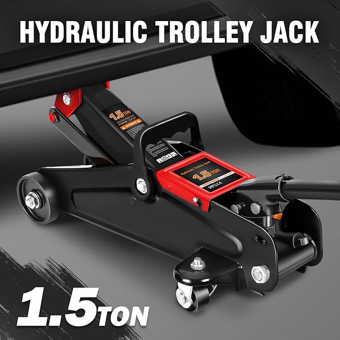 PM PERFORMOTOR Low Profile Hydraulic Trolley Service/Floor Jack, 1.5 Ton (3000 lbs) Capacity, Lifting Range 5.3"-12",Black,PM-TOL-FJ15-BK