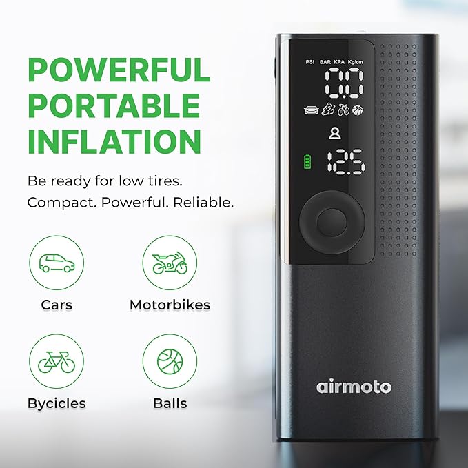 Airmoto and Carrying Case Bundle Deal - Tire Inflator Portable Air Compressor with Hard Case - Air Pump for Car Tires, Motorcycle, Bicycle - Cordless Tire Pump with Tire Pressure Gauge