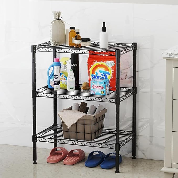 HealSmart 3-Tier Metal Wire Storage Shelves, Adjustable Standing Storage Rack Shelf, Heavy Duty Steel Shelving Unit Organizers for Kitchen Bathroom Pantry Garage, 23.2" W×13.4" D×30.3" H, Black