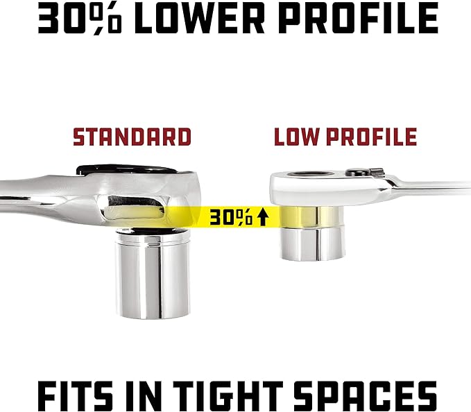 Powerbuilt Low Profile Ratchet, 3/8 Inch Drive, Slim Design Tight Spaces, Quick Thumb Button Socket Release, 649975, Silver