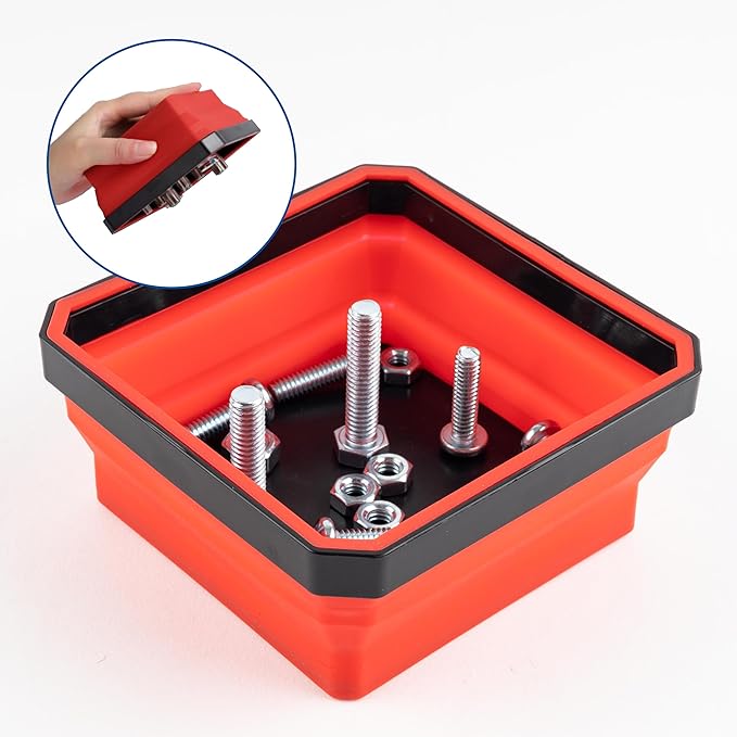 EHOMEA2Z Collapsible Magnetic Parts Tray Set, 4.5” Square Silicone Foldable Bowls With Magnetic Base, Ideal For Screws, Bolts, Nuts, Washers, Pins, And Small Metal Parts (Red/Black,2Pc)