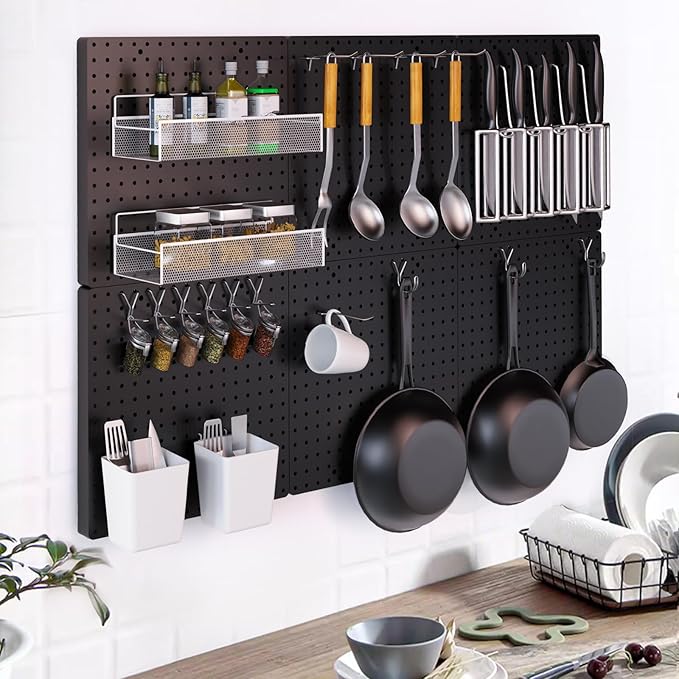 FZK Peg Board, Black Pegboard 4pcs and 46 Pegboard Hooks with Strong Ribs Back Holds up for 200Ib, Peg Board Organizer for Walls for Garage Workshop Office Kitchen, 16"*16"