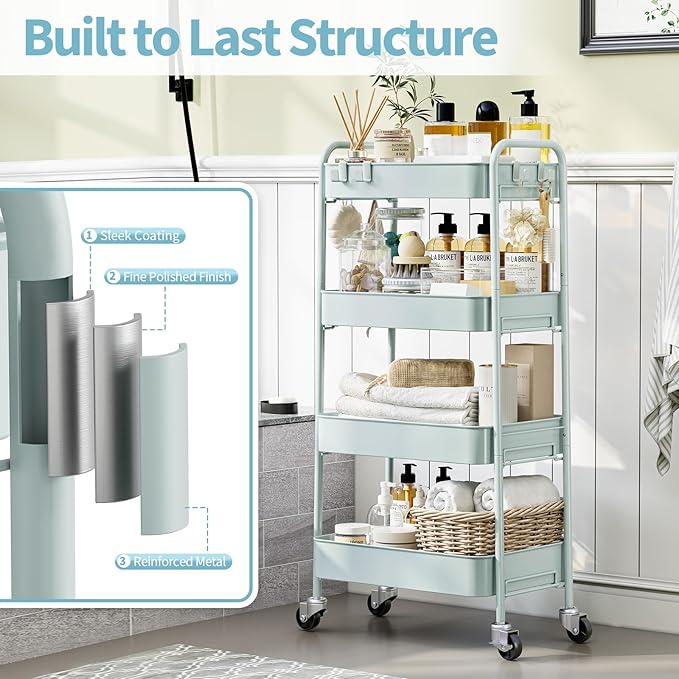 TOOLF 4-Tier Rolling Cart - Metal Storage Organizer with Lockable Wheels, 44 lbs Per Shelf Capacity, Tool-Free Assembly, for Kitchen Bathroom Office Laundry Room Nursery, Green