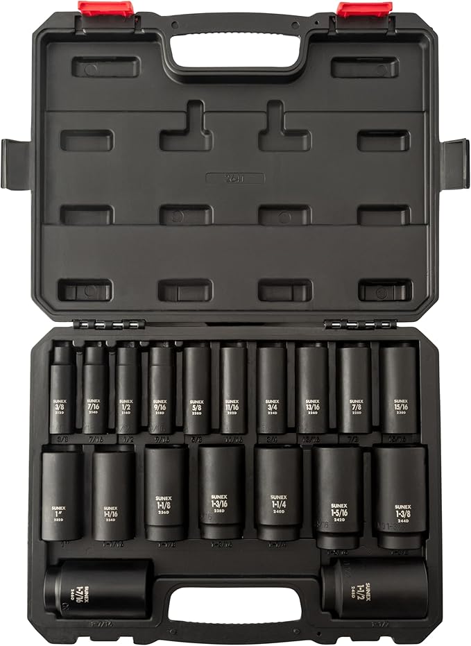 SUNEX TOOLS 2641, 1/2 Inch Drive Deep Impact Socket Set, 19-Piece, SAE, 3/8" - 1-1/2", Cr-Mo Alloy Steel, Radius Corner Design, Dual Size Markings, Heavy Duty Storage Case
