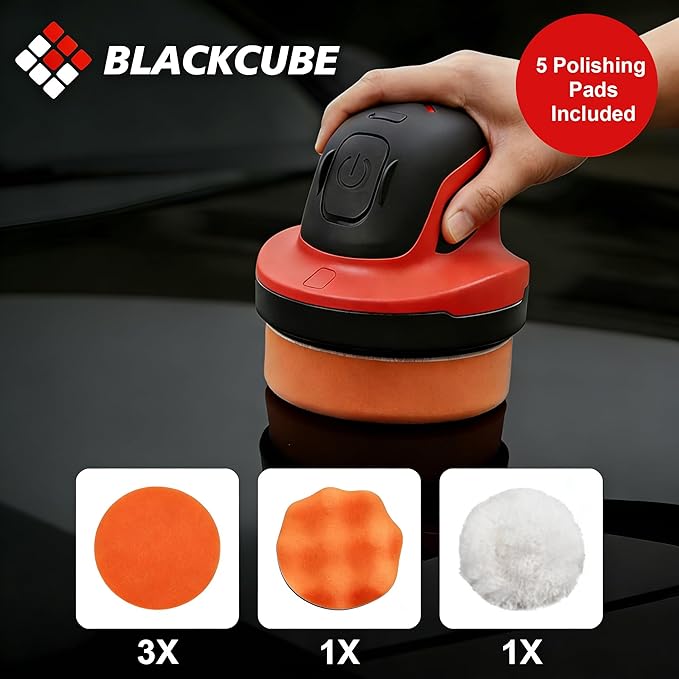 BLACKCUBE Cordless Car Polisher 230 RPM, USB Rechargeable Auto Buffer with 2000mAh Battery, Lightweight 5-Pad Detailing Kit for Scratch Removal, Waxing & Polishing – for Car, Boat & Home