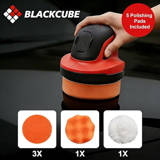 BLACKCUBE Cordless Car Polisher 230 RPM, USB Rechargeable Auto Buffer with 2000mAh Battery, Lightweight 5-Pad Detailing Kit for Scratch Removal, Waxing & Polishing – for Car, Boat & Home