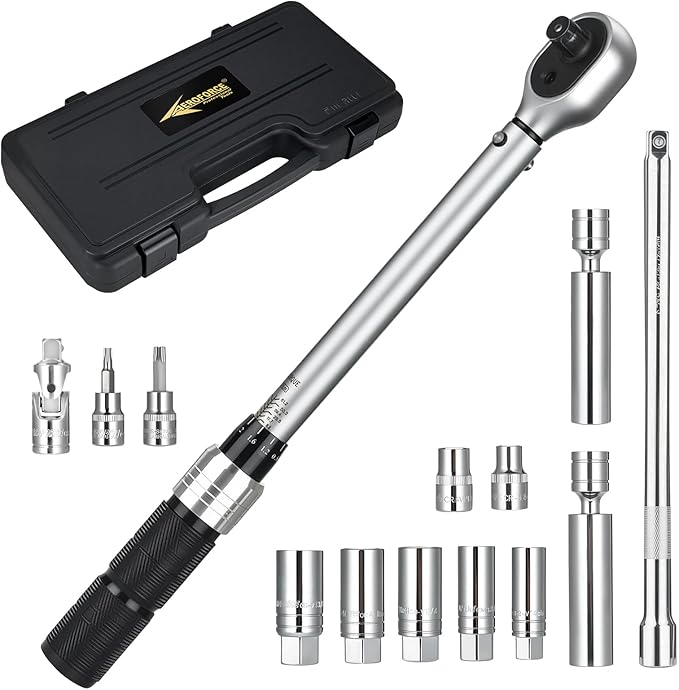 AEROFORCE 14PCS 3/8-Inch Drive Swivel Magnetic Spark Plug Socket Set with 3/8'' Torque Wrench (5-45 Lb.ft/6.8-61.2 Nm), Universal Joint & Extension Bar - Durable CR-V Steel for Easy Spark Plug Removal