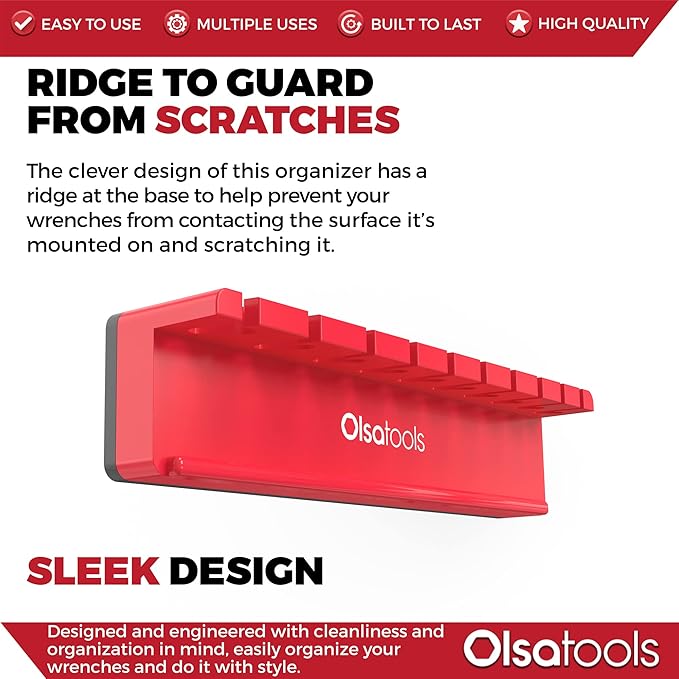 Olsa Tools Magnetic Wrench Organizer - Red - Holds SAE 3/8" to 15/16" & Metric 10mm to 19mm Wrenches - Durable Tool Storage Solution - Part 1003
