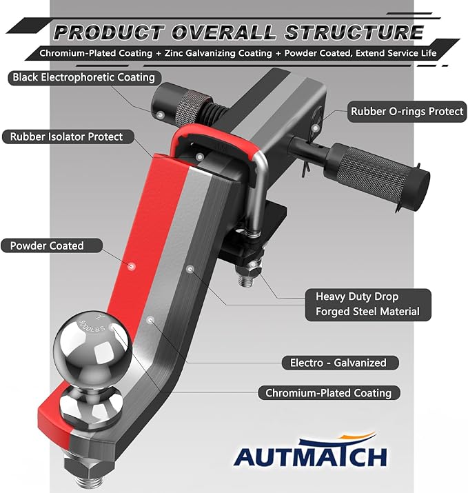 AUTMATCH Trailer Hitch Ball Mount with 2 Inch Hitch Ball - Fits 2" Receiver with Hitch Tightener, 8000Lbs Capacity Ball Hitch, 6-Inch Drop with 5/8" Hitch Lock Pin, Red & Black