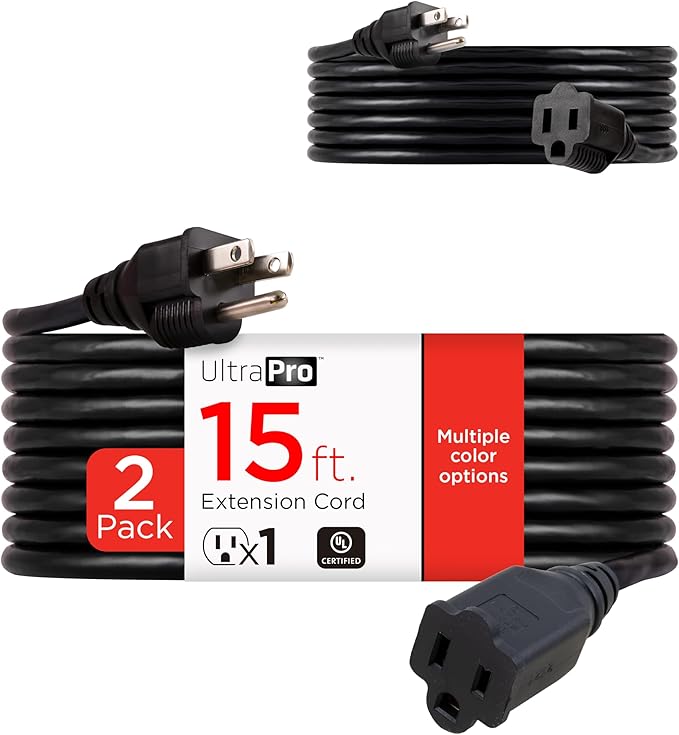 UltraPro Outdoor Extension Cord, 15 Ft, Heavy Duty, UL Certified 3 Prong, 16 AWG 125 VAC Outdoor, Multipurpose Long, 2 pack, Black, 46865