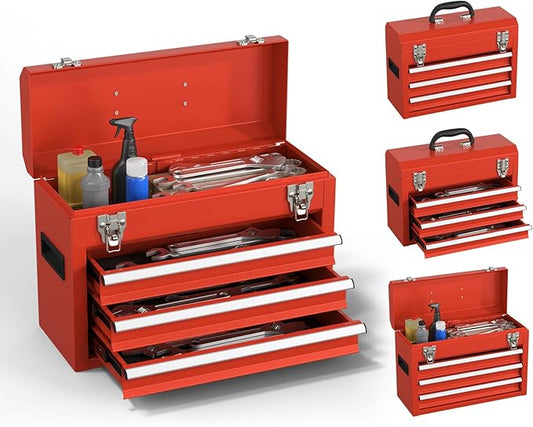 3-Drawer Tool Box, Tool Storage Cabinet, Tool Chest and Locking Mechanism, Metal Tool Cart for Garage Workshop and Room Use (Red)