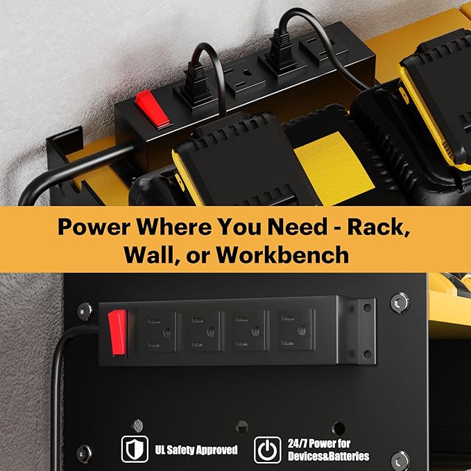 Spampur Large Power Tool Organizer Wall Mount with Charging Station, 3 Layer Heavy Duty Metal Tool Storage Rack Loads 420lbs with 6 Cordless Drill Holder, Utility Rack Loads with 4 Power Strip