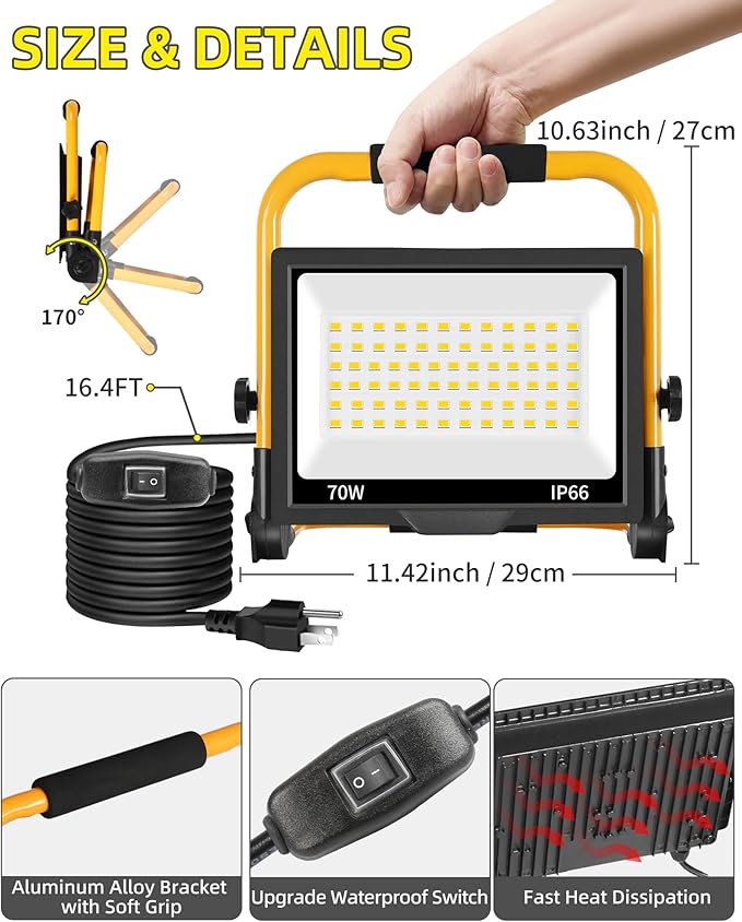 8400LM LED Work Light with 16FT Cord & Switch, 70W Outdoor Flood Light, IP66 Waterproof Portable Job Site Lighting with Stand, 5000K Dayight Worklight for Construction Garage Workshop Car Repairing