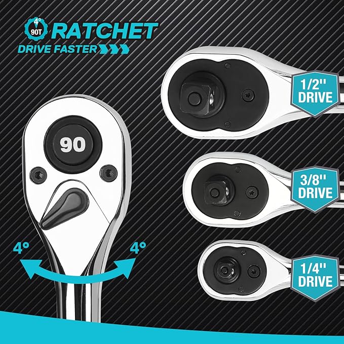 DURATECH 3-Piece Drive Ratchet, 1/4", 3/8", 1/2" 90-Tooth Quick-Release Ratchet Wrench, Reversible, Cr-V Made, Full Polished - with Plastic Insert Storage Box, Gifts for Men, Women, Dad