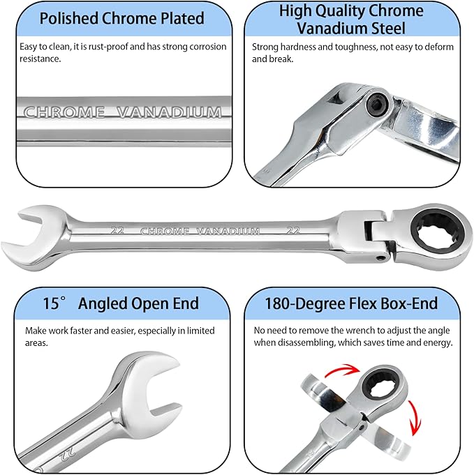 22mm Flex Head Ratchet Wrench, 12 Point Chrome Vanadium Steel Combination Spanner with 72 Tooth Ratcheting Gear, Metric Industrial Grade Tool for Automotive and Mechanical Maintenance