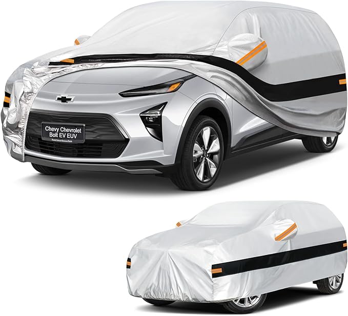 10 Layers SUV Car Cover Custom Fit for Chevy Chevrolet Bolt EV EUV (2016-2026), Waterproof All Weather for Automobiles, Outdoor Full Cover Sun Dust Rain Protection with Cotton. Silver