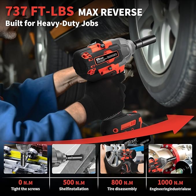STRCEAT 1/2" Cordless Impact Wrench 1000N.m (737ft-lbs),21V Brushless High Torque Impact Gun with 2×4.0Ah Batteries,6 Sockets,Extension Rod,LED Light for Truck Mower Car Industrial Repair