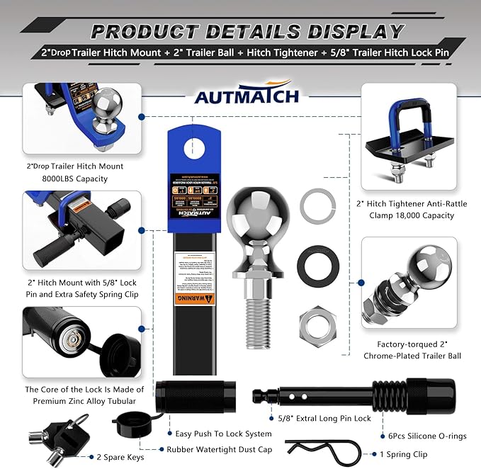 AUTMATCH Trailer Hitch Ball Mount with 2 Inch Hitch Ball - Fits 2" Receiver with Hitch Tightener, 8000Lbs Capacity Ball Hitch, 2-Inch Drop with 5/8" Hitch Lock Pin, Blue & Black