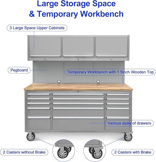 72-Inch Stainless Steel Rolling Tool Box with 15 Drawers & 3 Upper Cabinets, Heavy-Duty Mobile Garage Workbench, Lockable Large Tool Chest Storage Cabinet with Wheels and Pegboard for Workshop