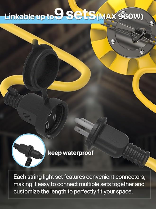 HYPERLITE Construction String Lights: 100FT 10 Bulbs Work Lights with 3 Prong - IP65 Waterproof Linkable LED Industrial Temporary Lighting for Construction Sites Attic Crawlspace Renovation