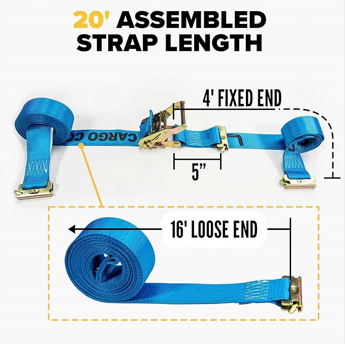 US Cargo Control Double-Fitted E Track Straps 2" x 20' (4-Pack), 4,400 LBS Break Strength, Blue Heavy Duty E Track Ratchet Straps with 3 Spring E-Fittings, Versatile 2-in-1 Logistic Tiedowns