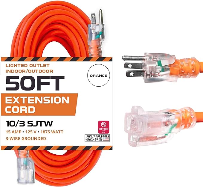 Iron Forge Cable Lighted Outdoor Extension Cord 50 Ft - 10 Gauge Heavy Duty Extension Cord, 15 AMP, 10/3 Orange Power Cable SJTW Weatherproof 3 Prong