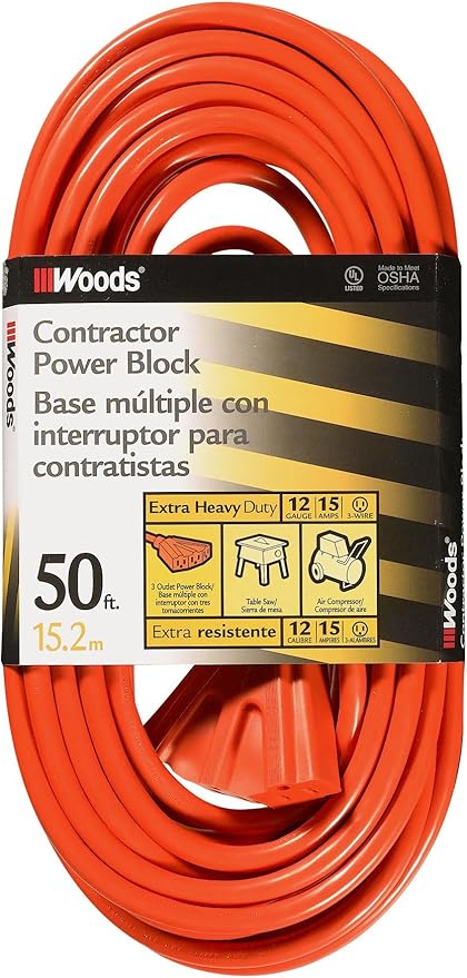 Woods 0819 12/3 Outdoor Multi-Outlet Extension Cord, 50-Foot, Orange