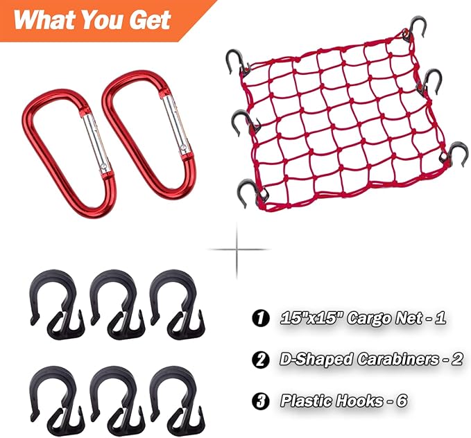 Cargo Net 15"x15" Stretches to 30"x30" with Thicken Hooks | Natural Latex Core, Tight 2”x2” Mesh Small Heavy Duty Bungee Net for Motorcycle Helmet, Bike, ATV, UTV, Luggage (Red, 1 Pack)