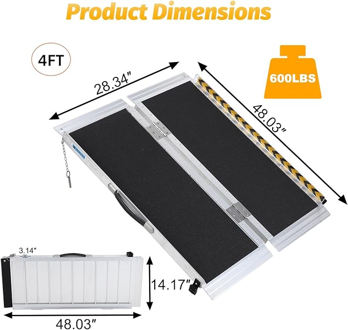 4 FT Portable Wheelchair Ramp for Home Step, Aluminum Handicap Ramp with Non-Skid Surface and Reflective Strips,Weight Capacity 600 LBS
