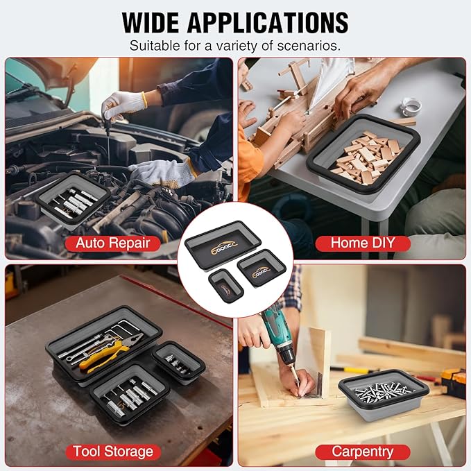 GOOACC 3 Sizes Collapsible Magnetic Parts Tray Set Light Grey Silicone Foldable Tool Trays Organizer for Screws Bolts Nuts Pins Washers and Other Small Metal Parts Double Sided Magnet Base