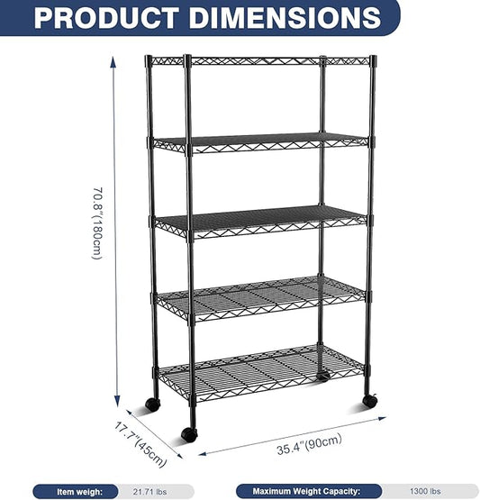 5-Tier Heavy Duty Wire Shelving Unit,35.4" Wx18 Dx71 H,Wire Shelf Racks with Wheels,Height Adjustable Storage Metal Shelves for Kitchen,Garage,Office,Living Room,Pantry,Black