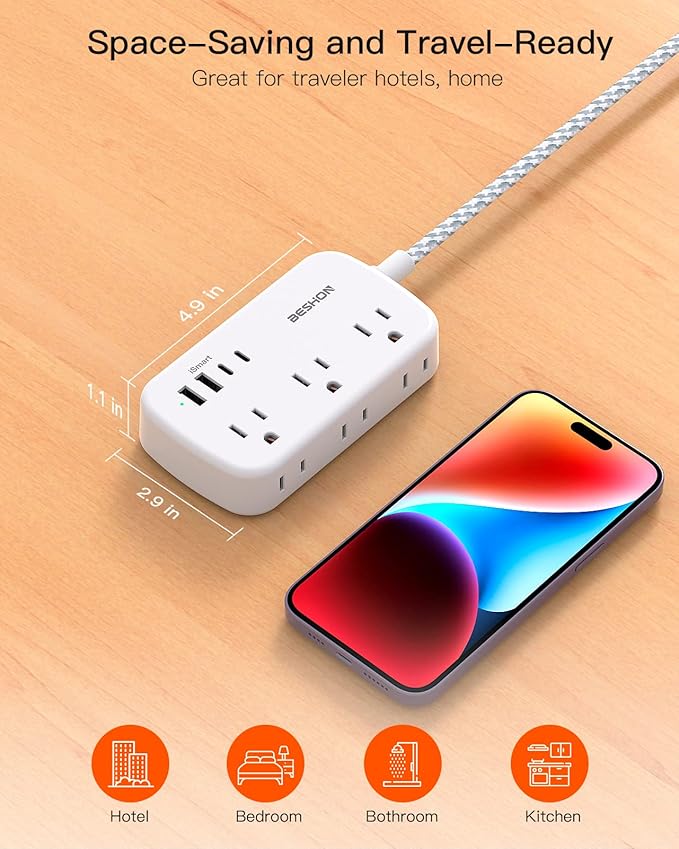 Flat Extension Cord, BESHON 5FT Flat Plug Power Strip with USB C, 6 Outlets 4 USB Port(2 USB C), No Surge Protector, Cruise Ship, Dorm Room Travel Essentials