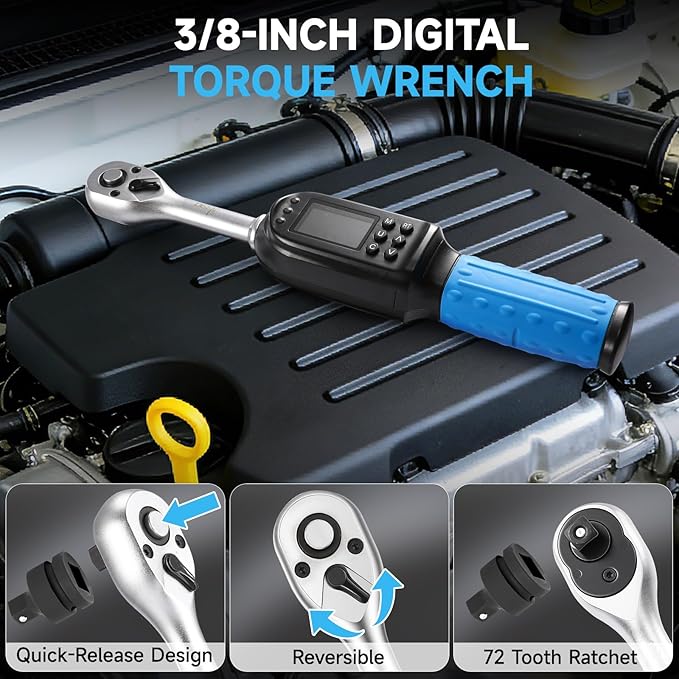 DISEN 3/8 inch Digital Torque Wrench (5-135 N.m / 3.7-99.6 Ft.lb), ±2% Accuracy, 8 Presets & 500 Data Memory, 5 Units, LED & Buzzer Alert, Tracking/Peak Modes, for Automotive Motorcycle Bicycle DIY