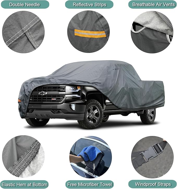 16 Layers Truck Cover Waterproof All Weater - See Vehicle Size Chart - Heavy Duty Outdoor Truck Pickup Cover for Ford F-150 F-250 F-350, Silverado, Nissan Titan. Length up to 239 inch.