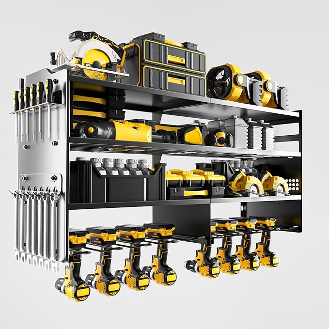oviitech Large Power Tool Organizer Wall Mount, 8 Drill Holder Wall Mount Loads 400lbs, 4 Layer Heavy Duty Metal Power Tool Storage, Black, Utility Rack for Garage Workshop, Gifts for Men