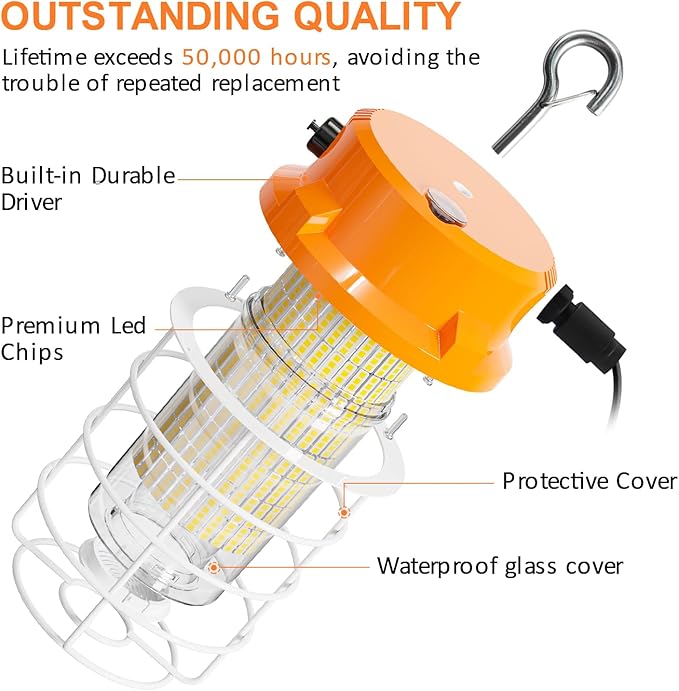 RIUVAO 120W LED Temporary Work Light 5000K Daylight 18000 Lumens Super Bright with Fan Radiator Stainless Steel Guard Construction Lights Sturdy Hook Suitable for workshops, Construction Sites, etc.